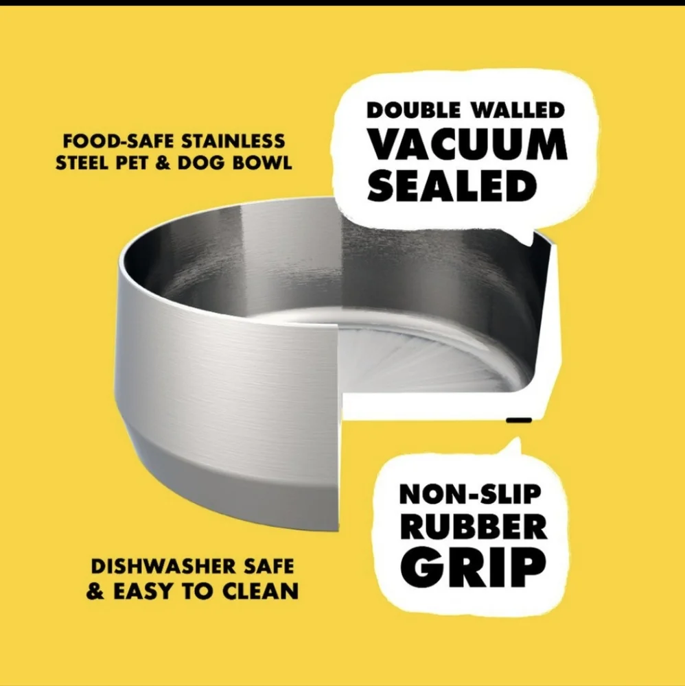Dog Pet Bowl Stainless Steel Insulated Rubber Non Slip Non Skid Silver New